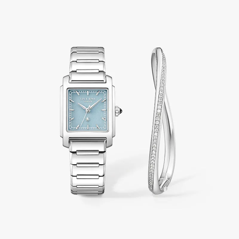 Urban Blue Square Quartzite Jade Watch & Vyne Zircon Bracelet Gift Set sold by Lola Rose