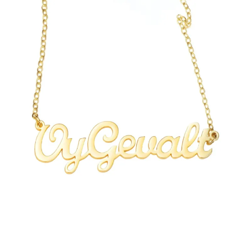 "Oy Gevalt" Script Nameplate Necklace sold by Mad Fine