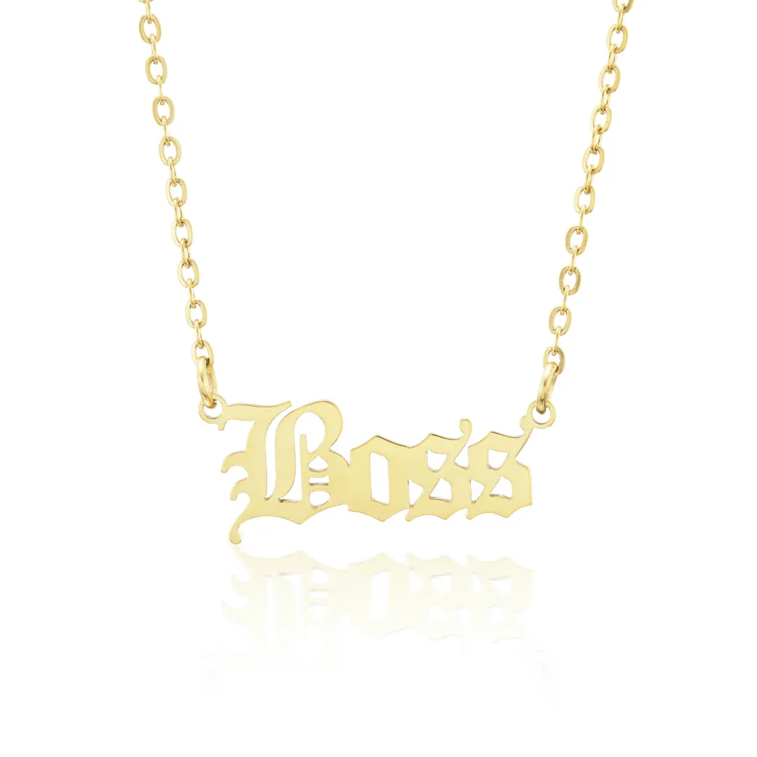 "Boss" Gothic Nameplate Necklace sold by Mad Fine