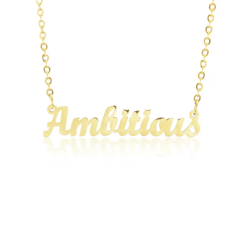 "Ambitious" Script Nameplate Necklace sold by Mad Fine