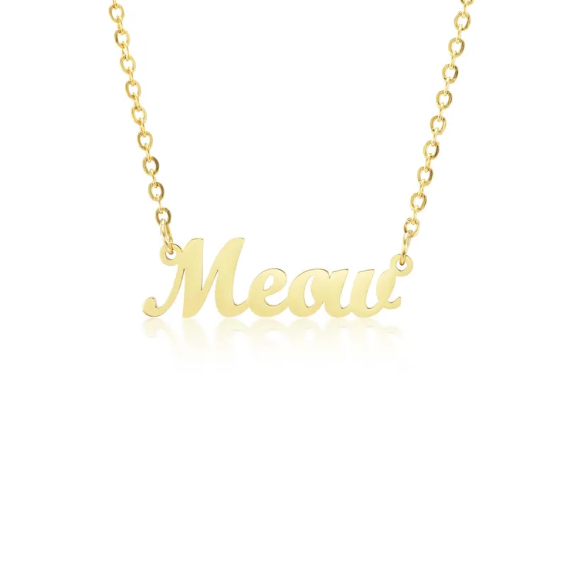 "Meow" Script Nameplate Necklace sold by Mad Fine