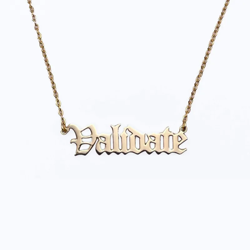 "Validate" Gothic Nameplate Necklace sold by Mad Fine