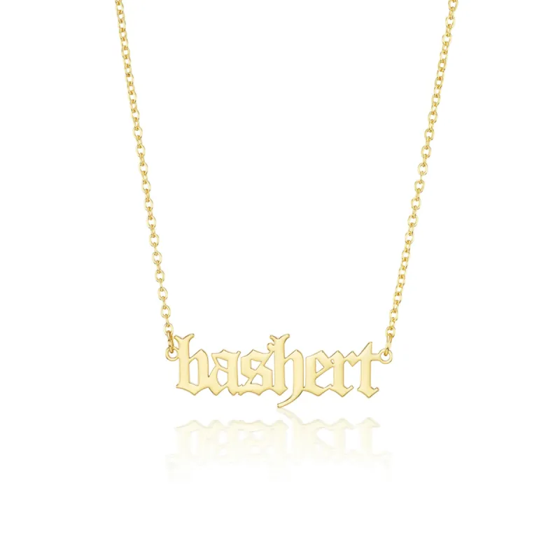 "Bashert" Gothic Nameplate Necklace in 10k Gold sold by Mad Fine