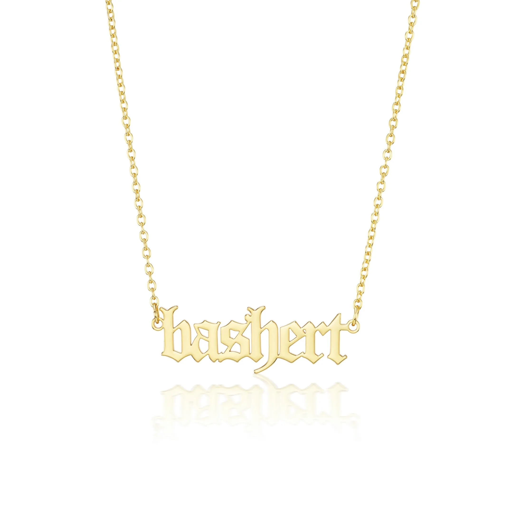 "Bashert" Gothic Nameplate Necklace in 10k Gold sold by Mad Fine