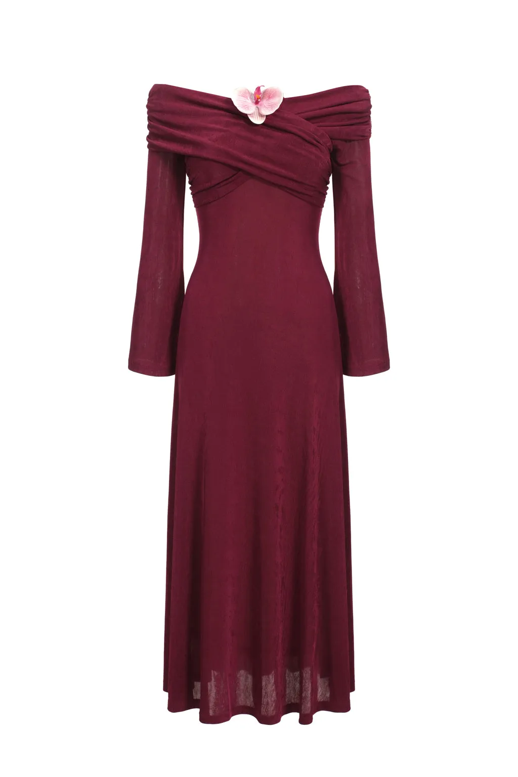 Off-the-shoulder drape dress with orchid brooch - Fuchsia sold by Pheme Paris product image thumbnail 2