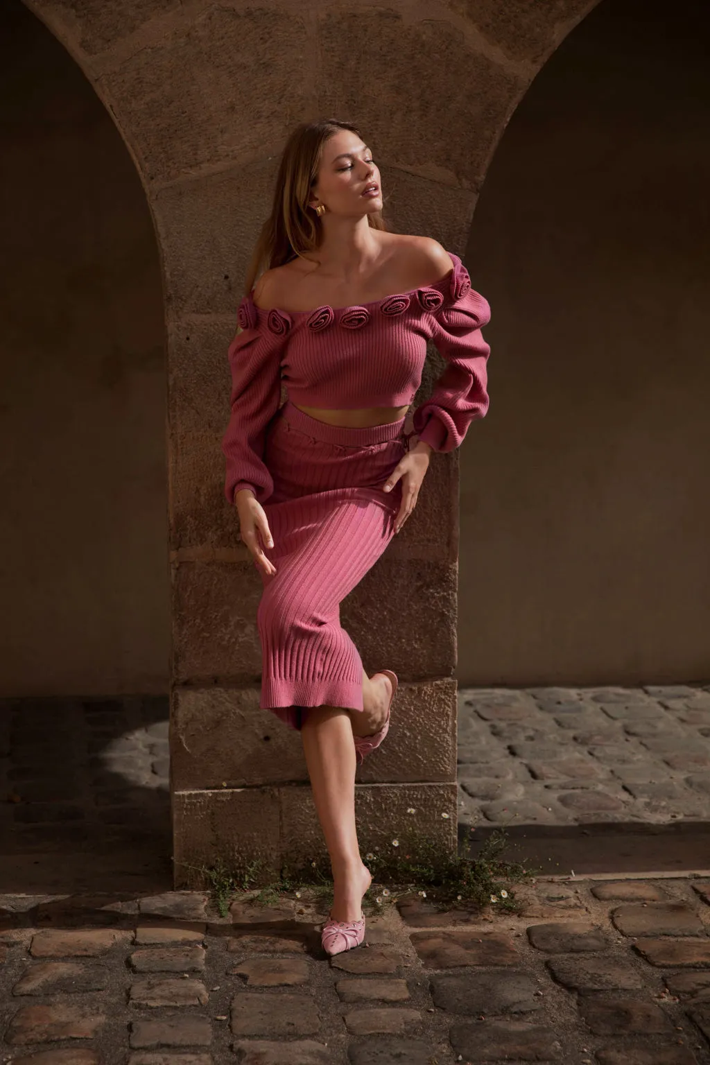 Belted Suspended Midi Skirt in Wool Blend - Berry Pink sold by Pheme Paris product image thumbnail 5