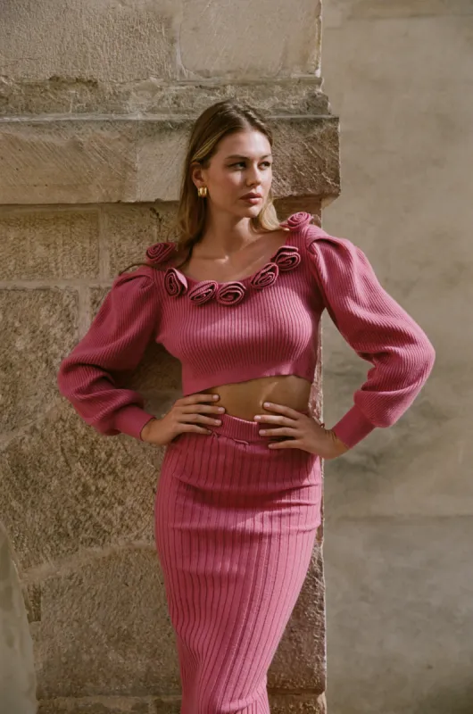 Wool Blend Cropped Top With Flower - Berry Pink sold by Pheme Paris