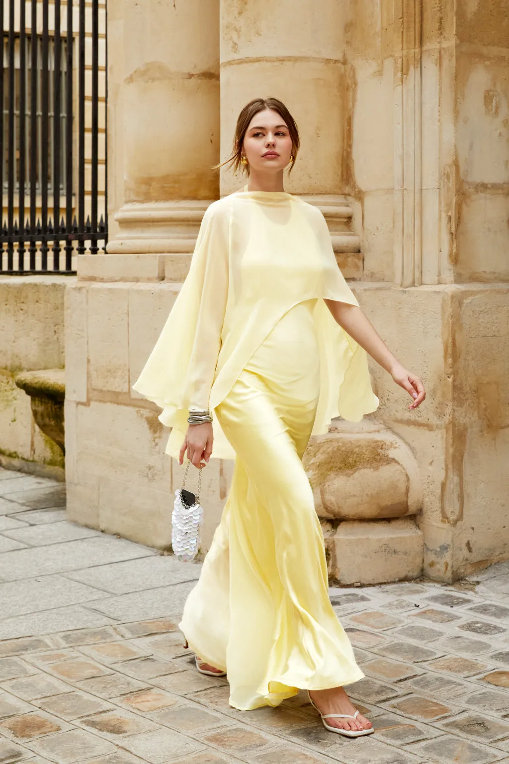 Long satin dress with chiffon stole - yellow sold by Pheme Paris
