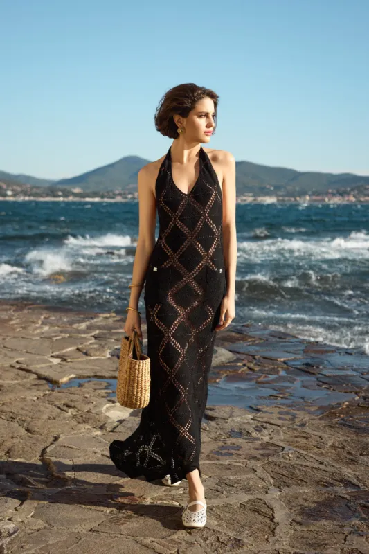 Crocheted open-back knit dress - black sold by Pheme Paris