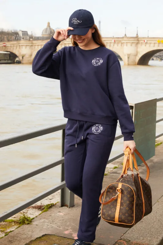 Embroidered cotton blend jersey sweatpants - navy blue sold by Pheme Paris