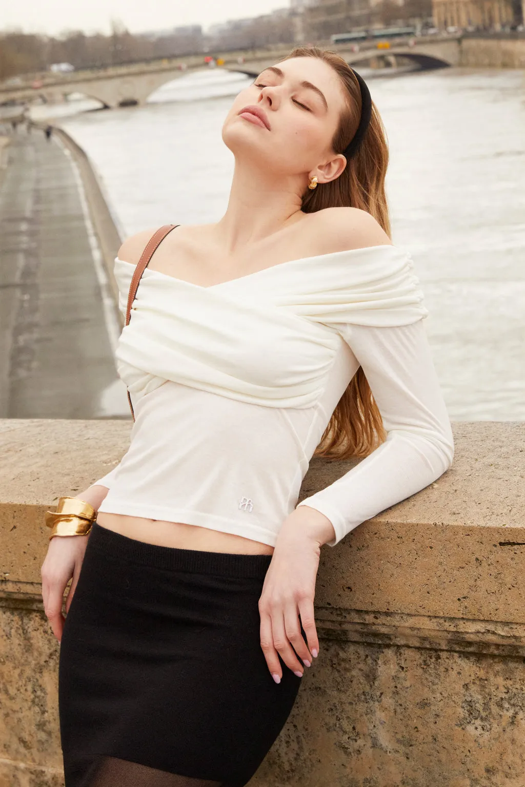 Off-shoulder ruched crossed stretch Lyocell top - off white sold by Pheme Paris product image thumbnail 4
