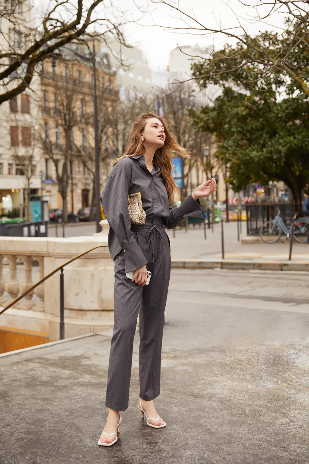 High-waisted pleated straight-leg pants with stripe - grey sold by Pheme Paris