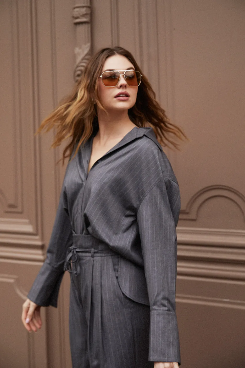 Oversize shirt with stripe - grey sold by Pheme Paris