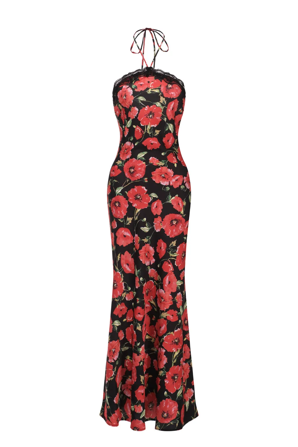 Satin crepe halterneck lace-trimmed midi dress - poppy sold by Pheme Paris product image thumbnail 2