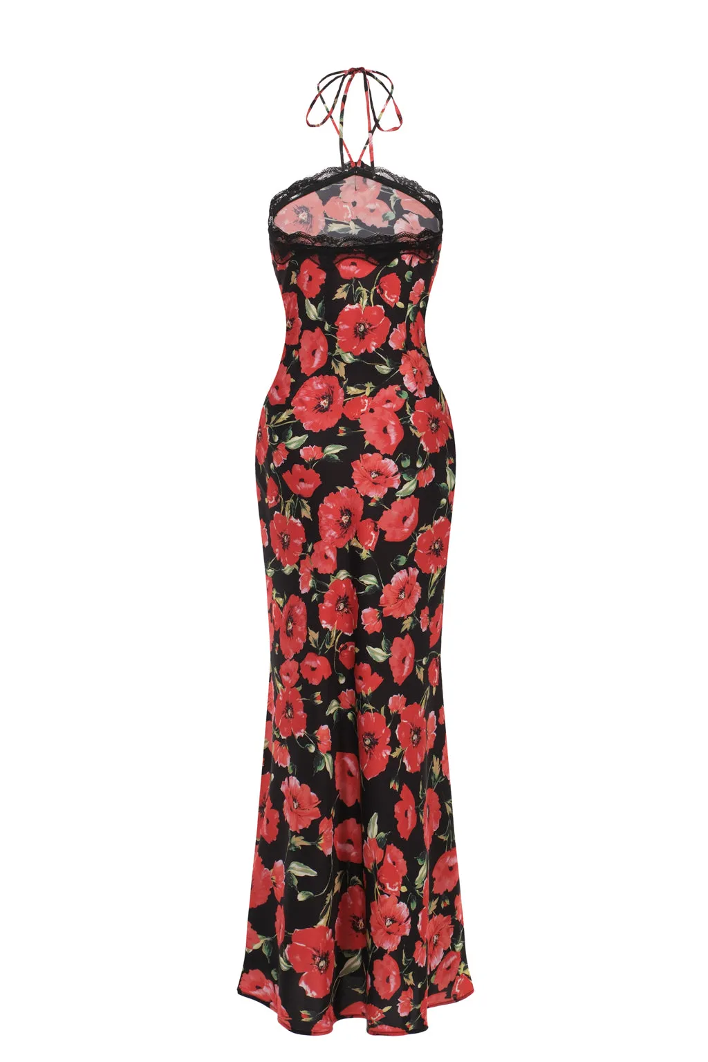 Satin crepe halterneck lace-trimmed midi dress - poppy sold by Pheme Paris product image thumbnail 3