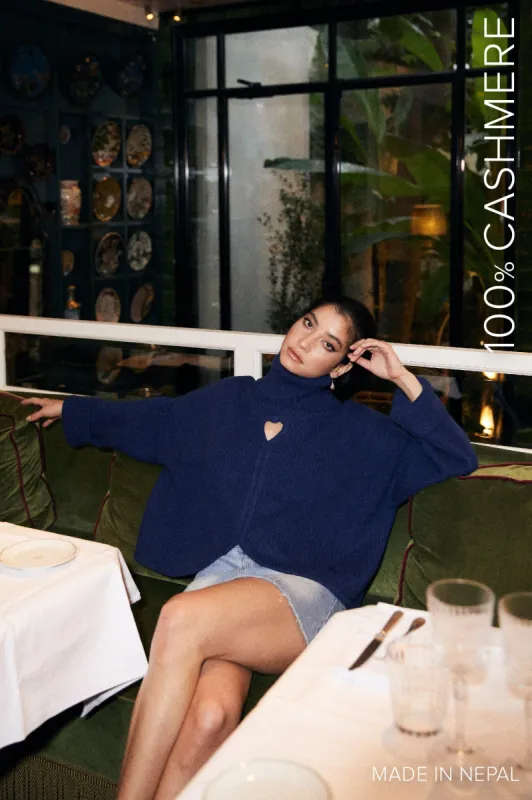 Pure cashmere sweater with heart cutout - midnight blue sold by Pheme Paris
