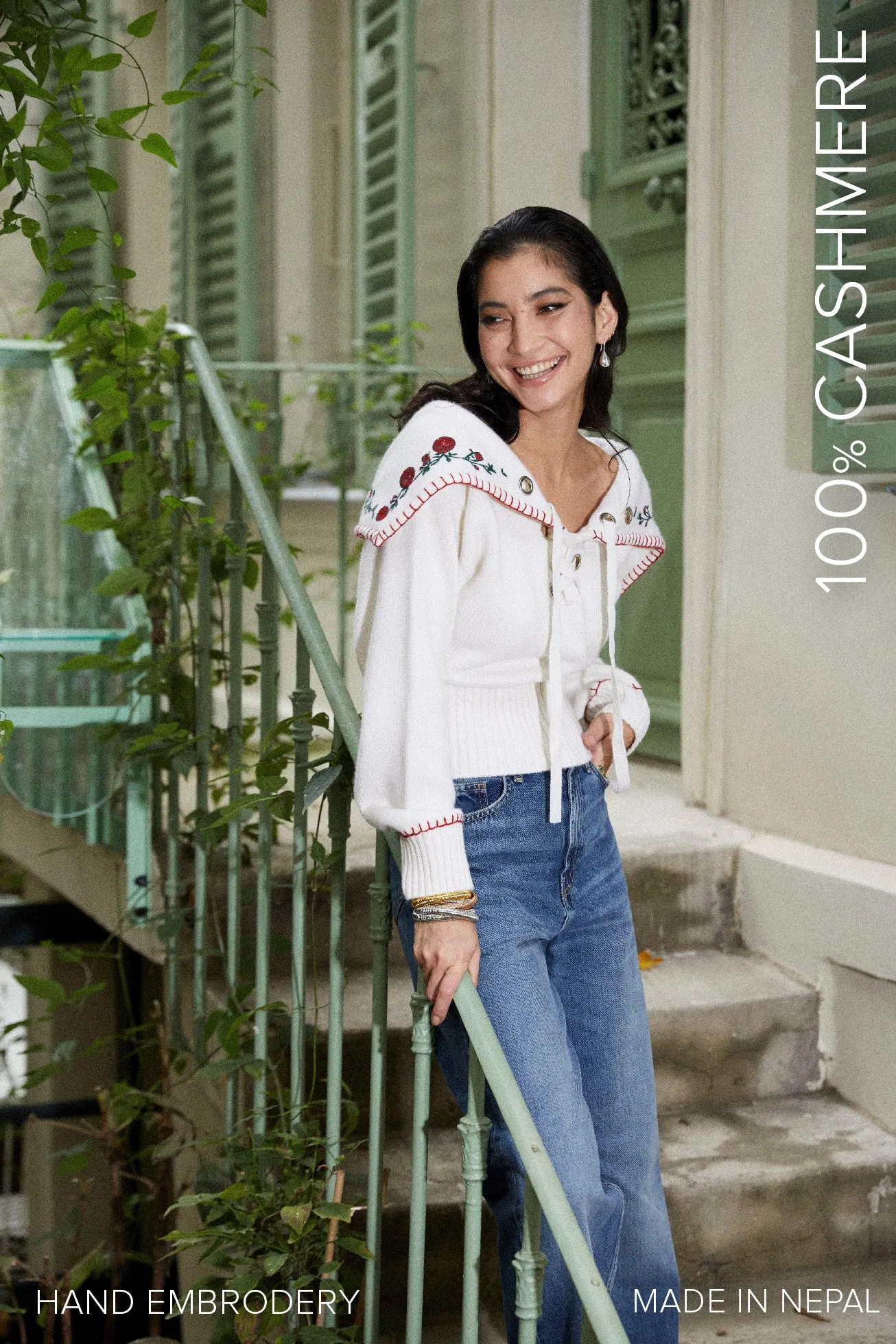 Pure cashmere sweater with embroidered collar - beige sold by Pheme Paris