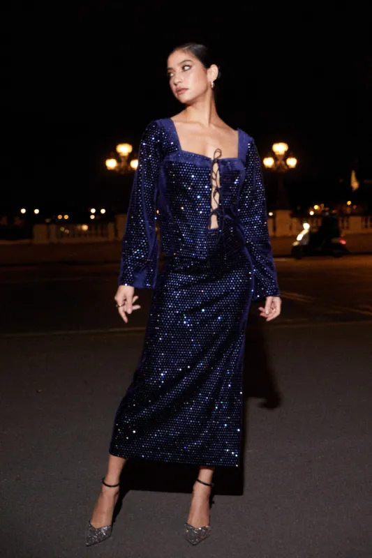 Crystal-embellished velvet midi skirt - palace blue sold by Pheme Paris