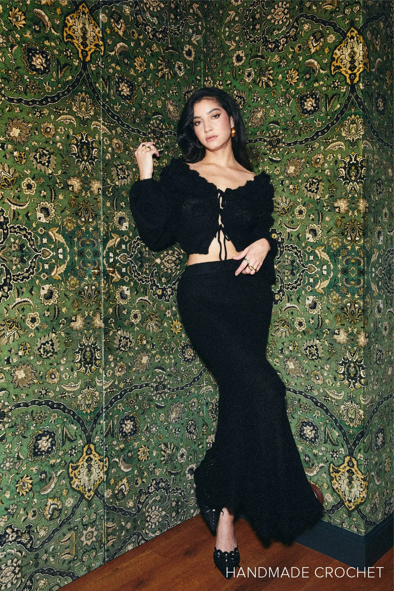 Mohair-blend long skirt with crocheted flowers - black sold by Pheme Paris