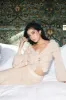Mohair-blend long skirt with crocheted flowers - pinky beige sold by Pheme Paris