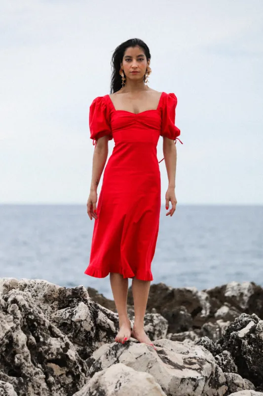 Puff Sleeve Stretch Linen-blend Midi Dress Red sold by Pheme Paris
