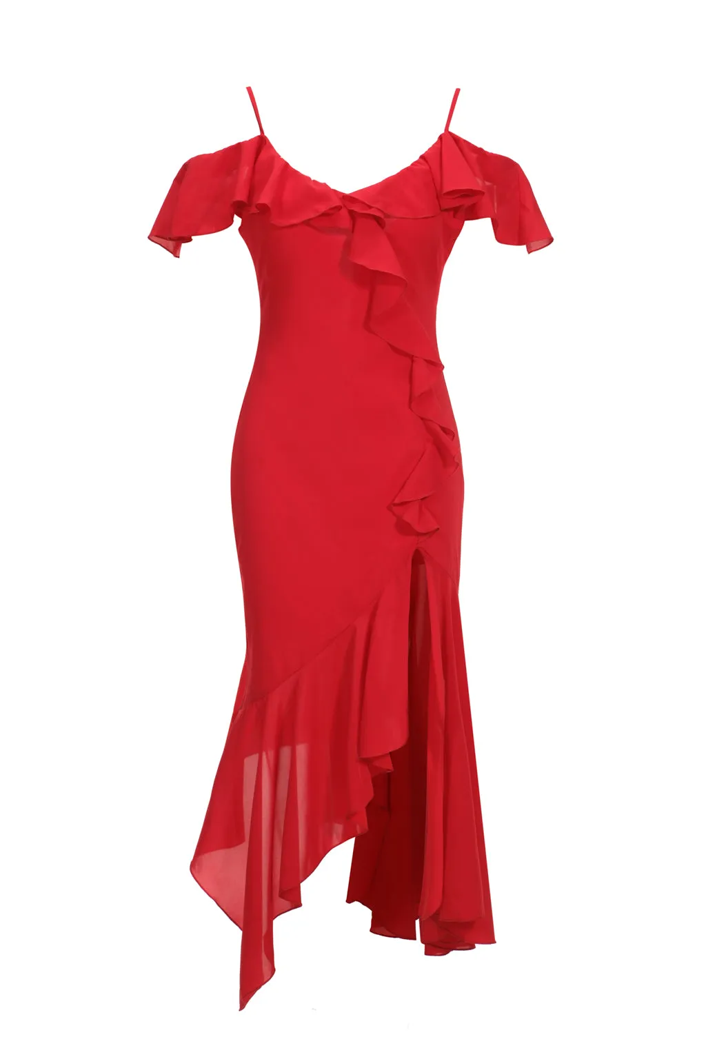 Asymmetric Ruffle-Trimmed Chiffon Midi Dress Red sold by Pheme Paris product image thumbnail 3