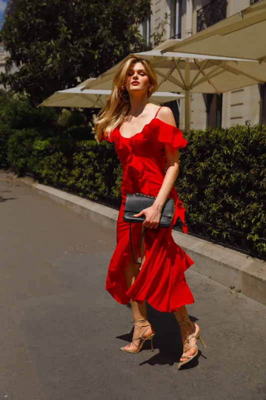 Asymmetric Ruffle-Trimmed Chiffon Midi Dress Red sold by Pheme Paris