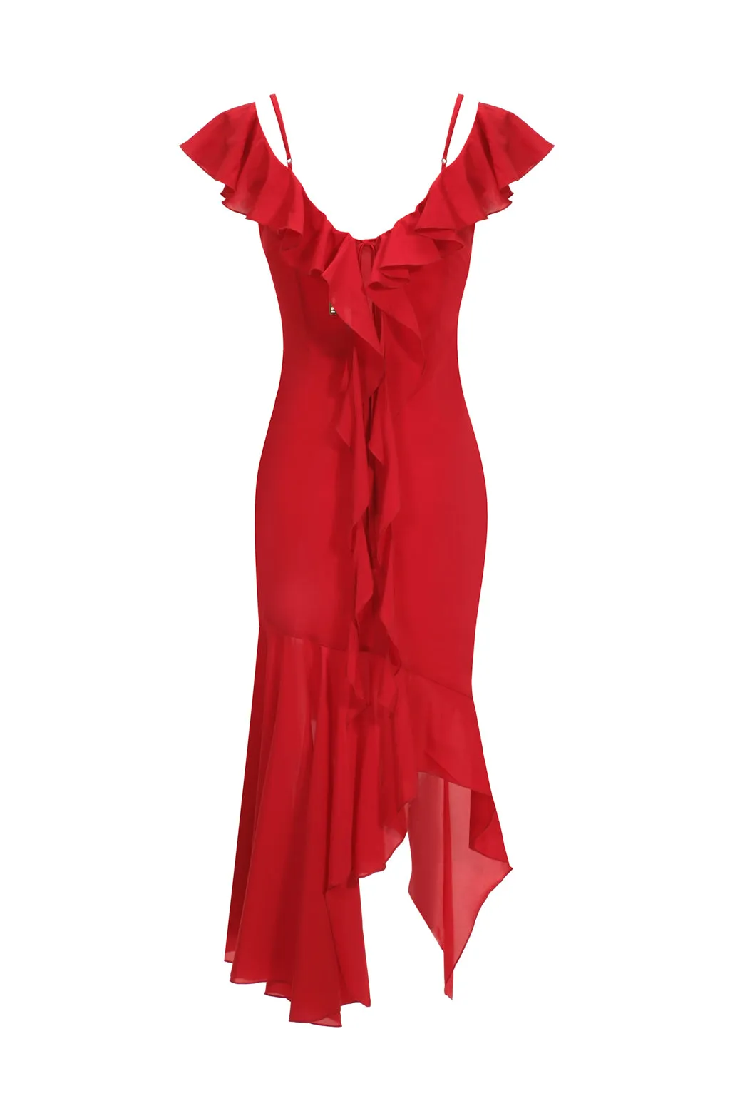 Asymmetric Ruffle-Trimmed Chiffon Midi Dress Red sold by Pheme Paris product image thumbnail 4