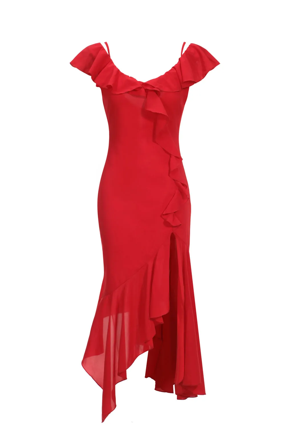 Asymmetric Ruffle-Trimmed Chiffon Midi Dress Red sold by Pheme Paris product image thumbnail 2