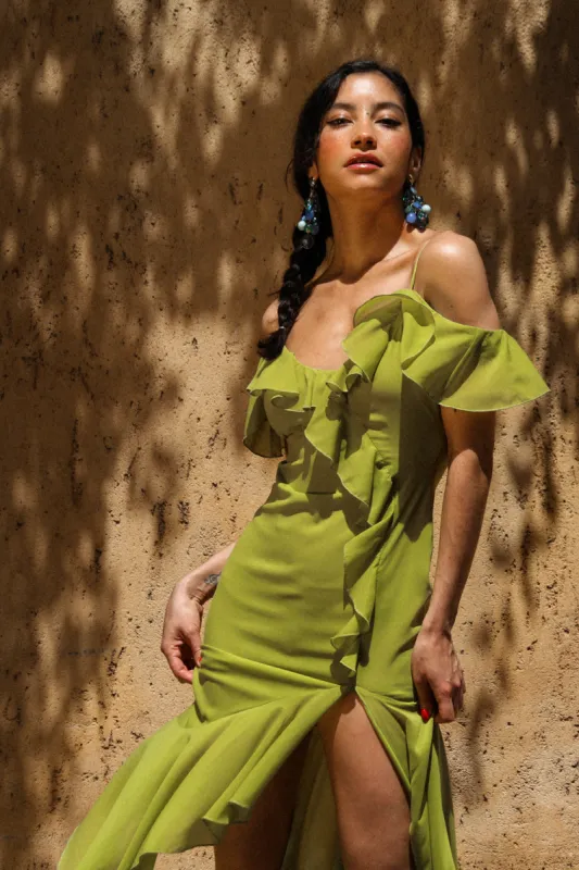 Asymmetric Ruffle-Trimmed Chiffon Midi Dress Oasis Green sold by Pheme Paris