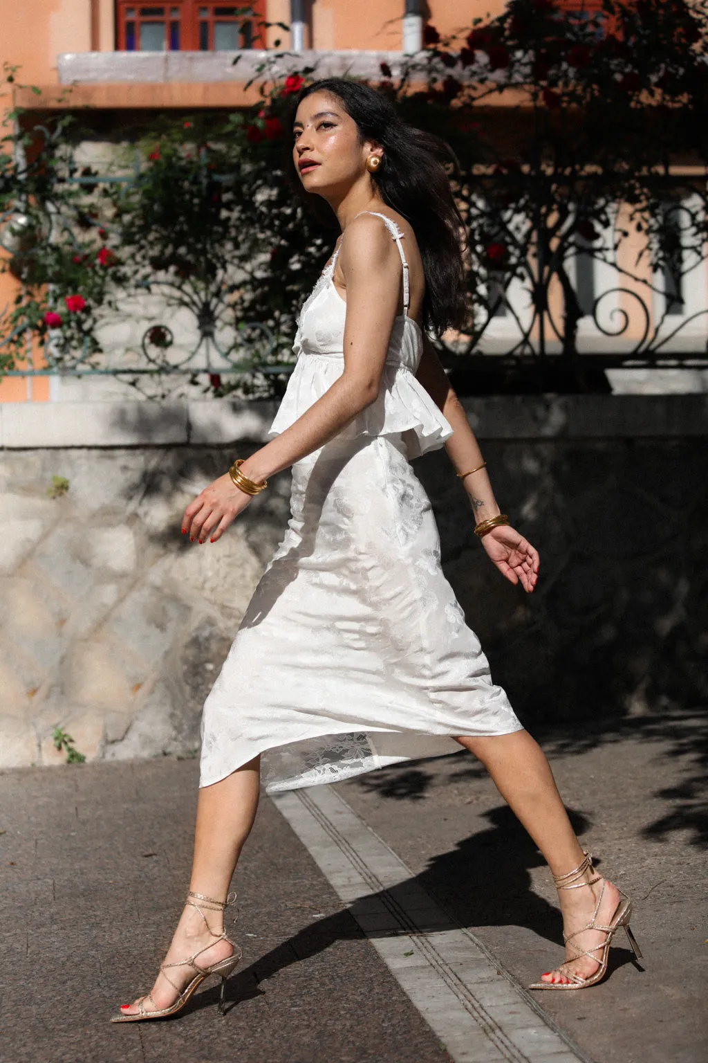 Asymmetric Lace-trimmed Satin Jacquard Skirt White sold by Pheme Paris