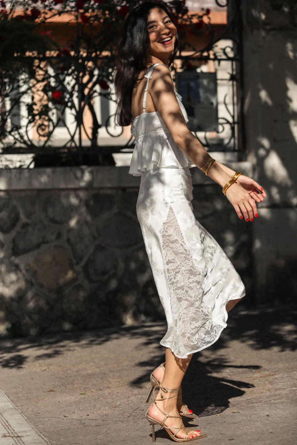Asymmetric Lace-trimmed Satin Jacquard Skirt White sold by Pheme Paris product image thumbnail 4