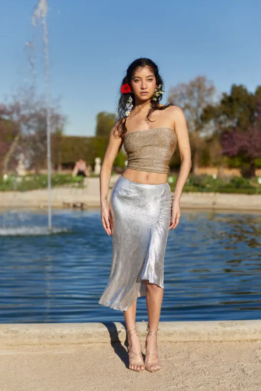 Asymmetrical Chainmail Draped Midi Skirt Silver sold by Pheme Paris