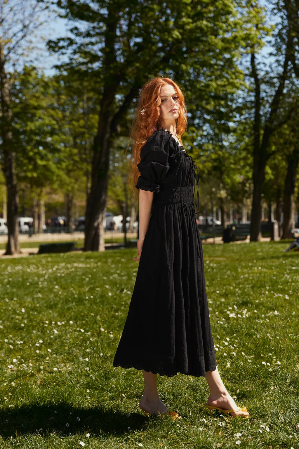 Smocked Puff Sleeve Cotton Midi Dress Black sold by Pheme Paris