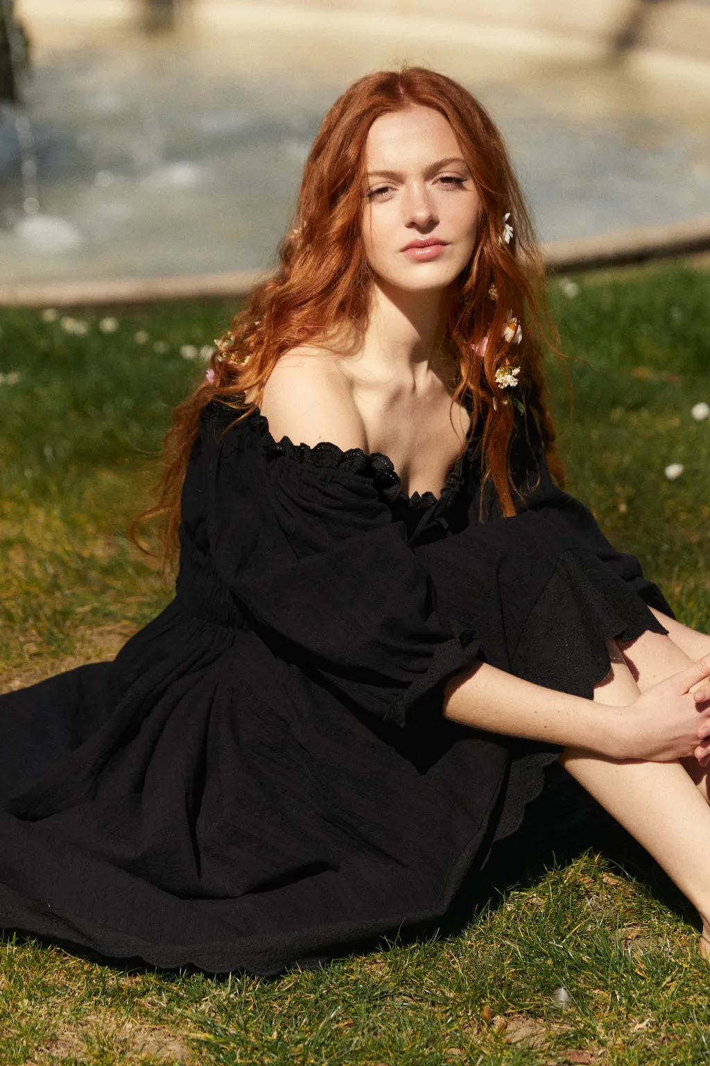 Smocked Puff Sleeve Cotton Midi Dress Black sold by Pheme Paris product image thumbnail 4