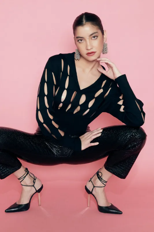 Clearance | Cut-out Knit Sweater in Black sold by Pheme Paris