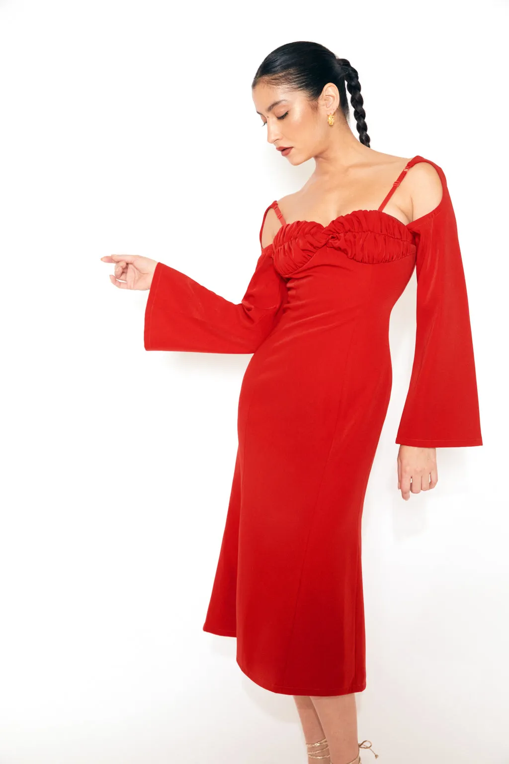 Clearance | Open Sleeve Midi Dress in Tomato Red sold by Pheme Paris