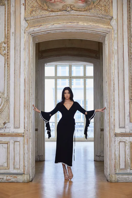 Clearance | Wrap Dress with Ruffled Sleeve in Black made by Pheme Paris