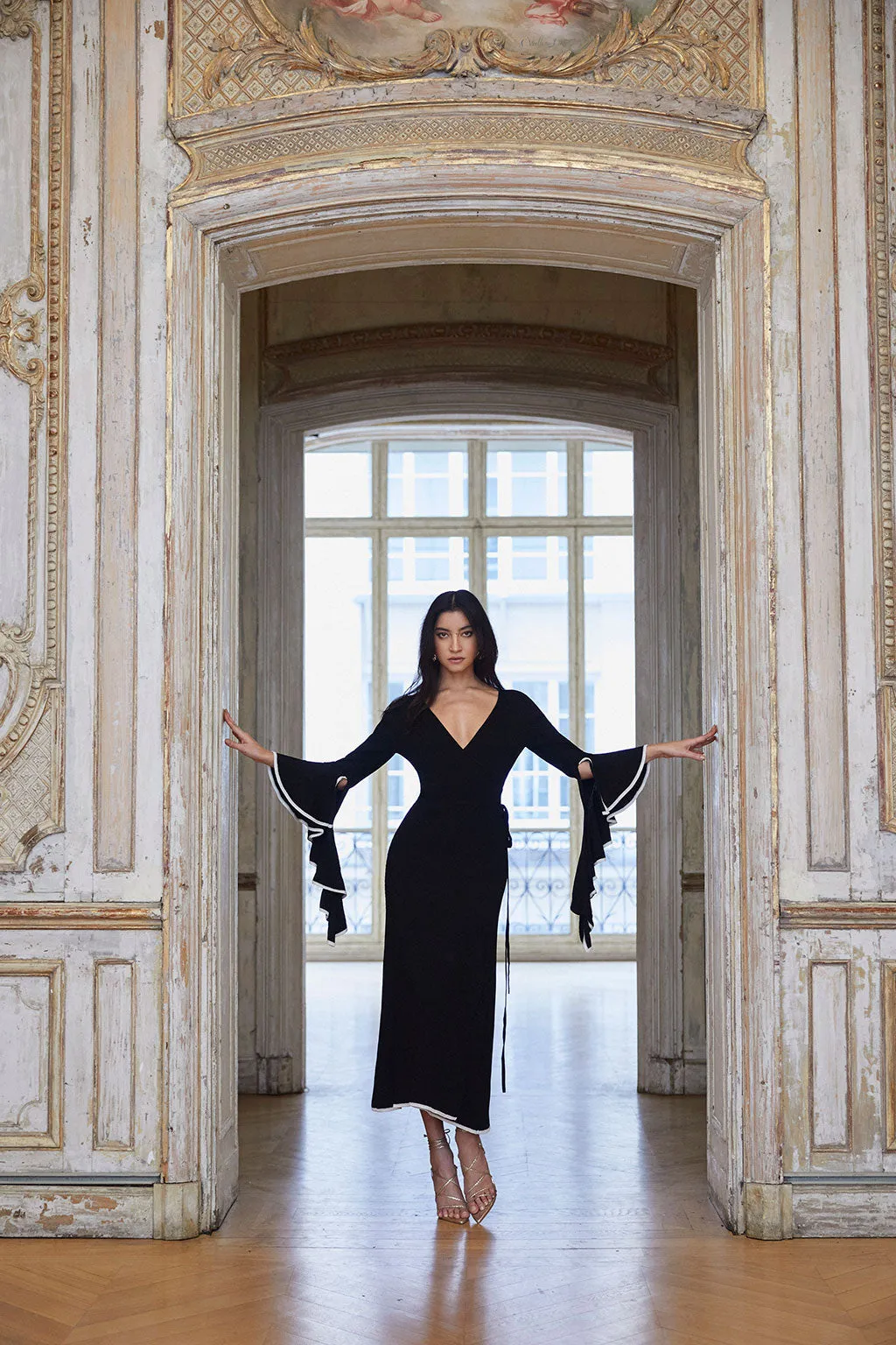 Clearance | Wrap Dress with Ruffled Sleeve in Black sold by Pheme Paris