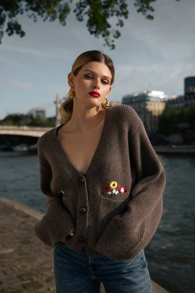 Pure cashmere cardigan with embroidery - Dark grey sold by Pheme Paris