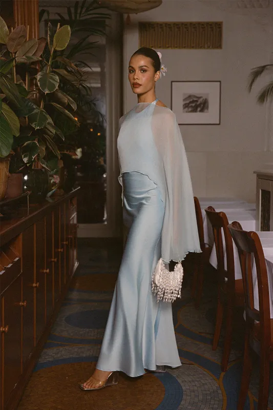 Long satin dress with chiffon stole - Blue sold by Pheme Paris