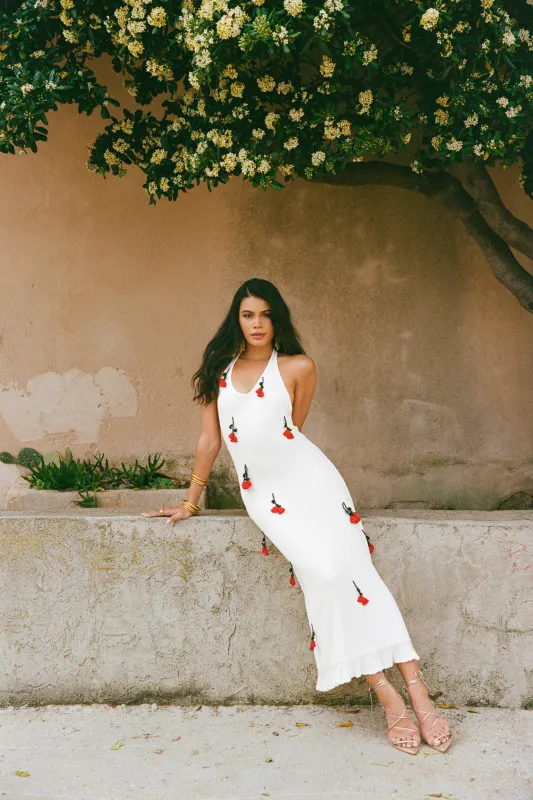 Halterneck knit dress with crocheted flowers - White sold by Pheme Paris