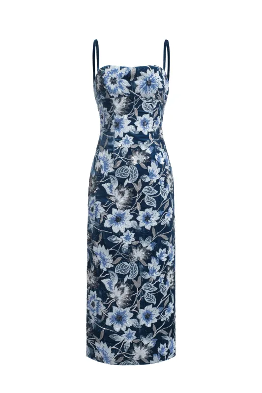 Embroidered velvet midi dress – blue sold by Pheme Paris