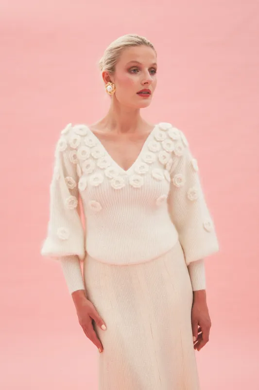 V-neck sweater in mohair and wool with flowers - white sold by Pheme Paris