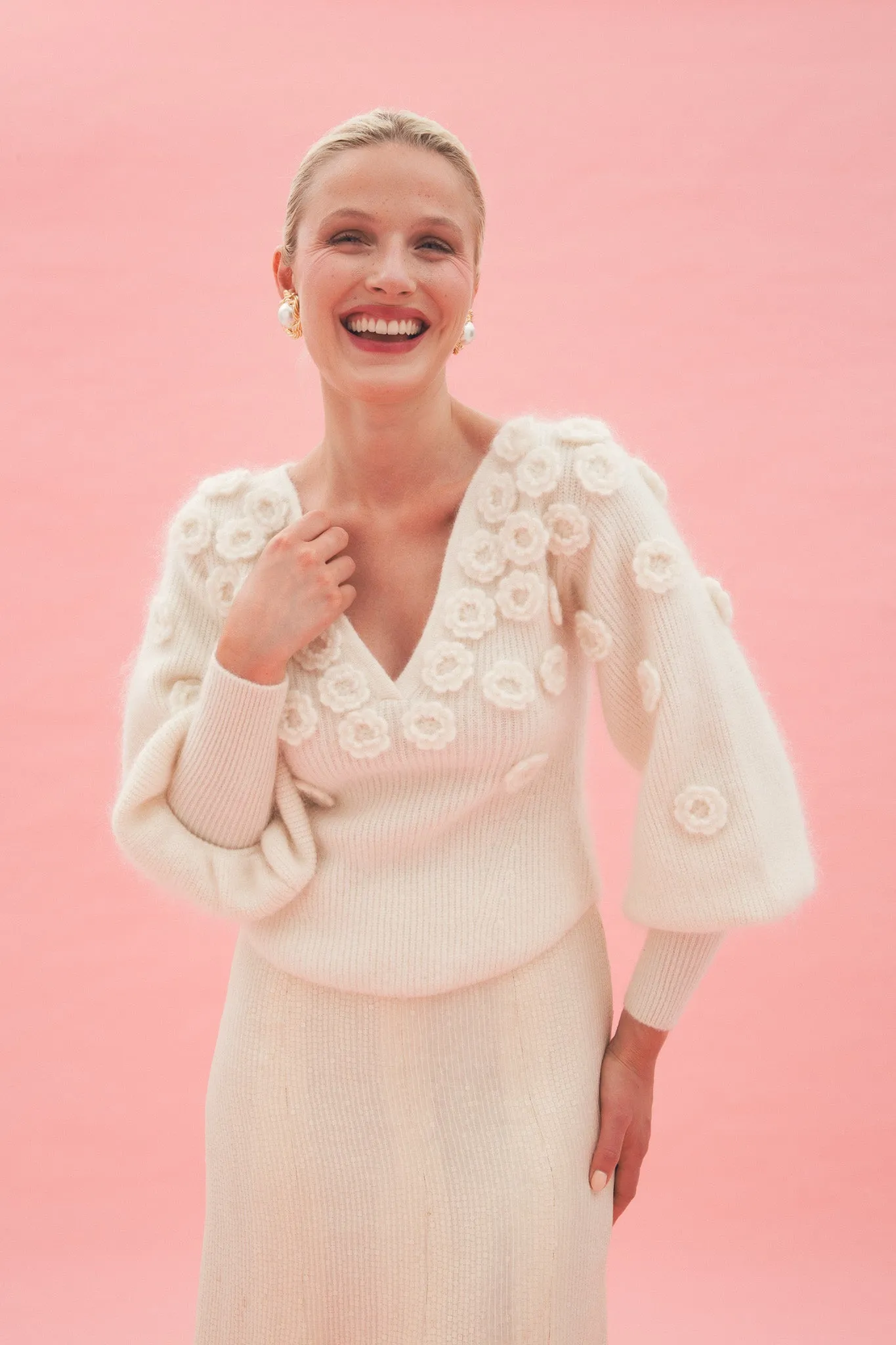 V-neck sweater in mohair and wool with flowers - white sold by Pheme Paris product image thumbnail 4