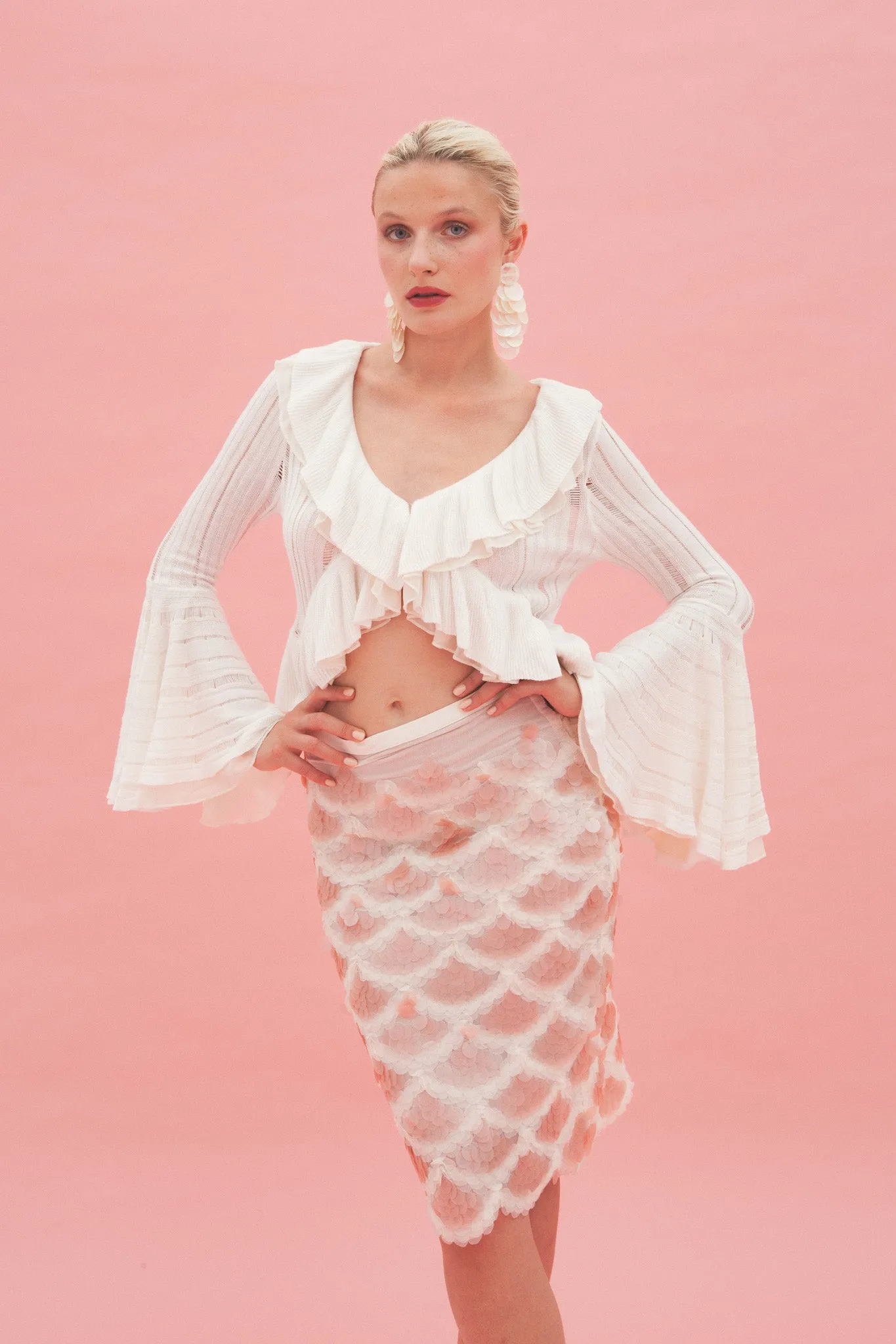 Knit top with chiffon ruffles – Cream white sold by Pheme Paris