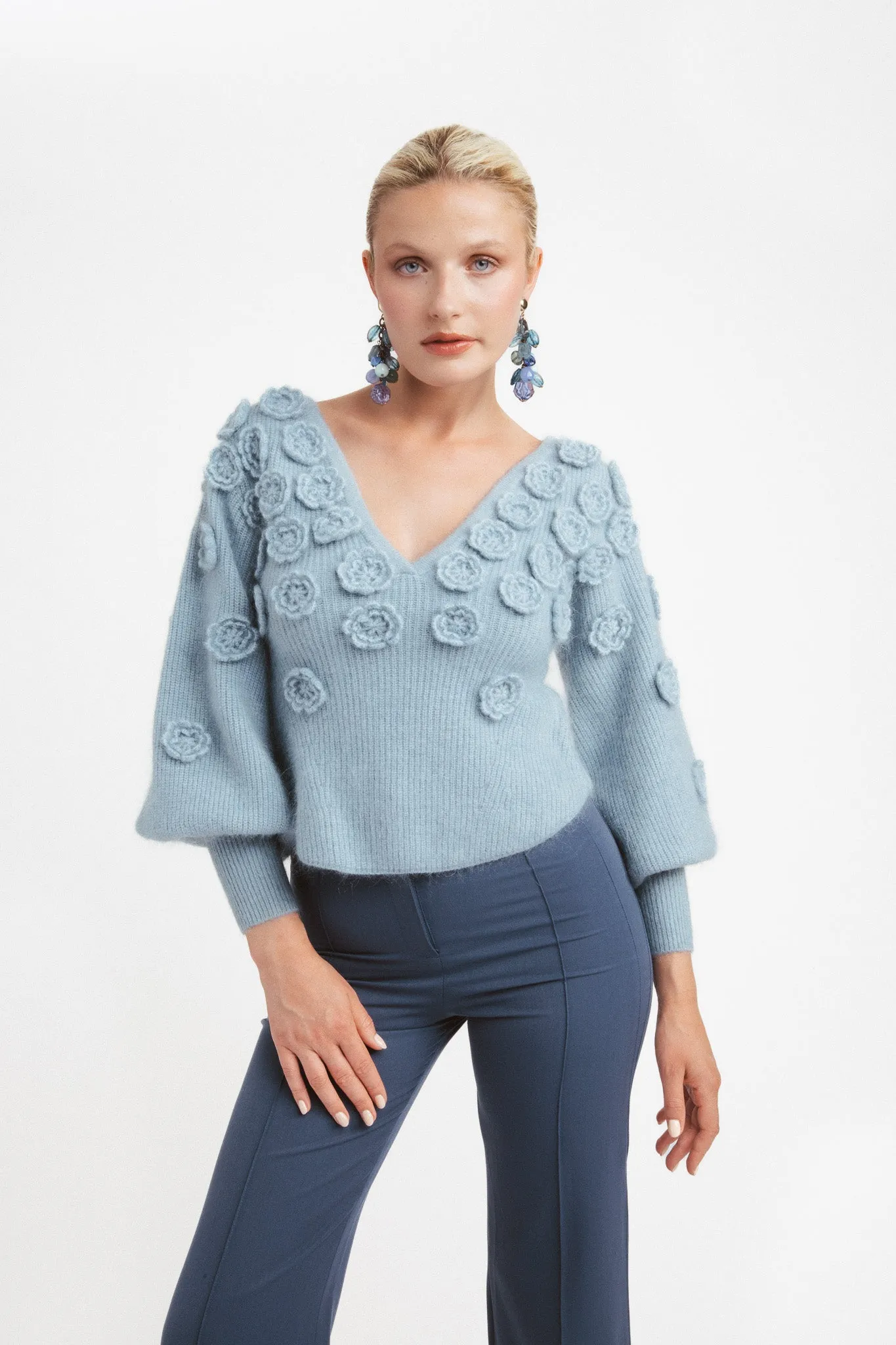 V-neck sweater in mohair and wool with flowers - white sold by Pheme Paris product image thumbnail 4