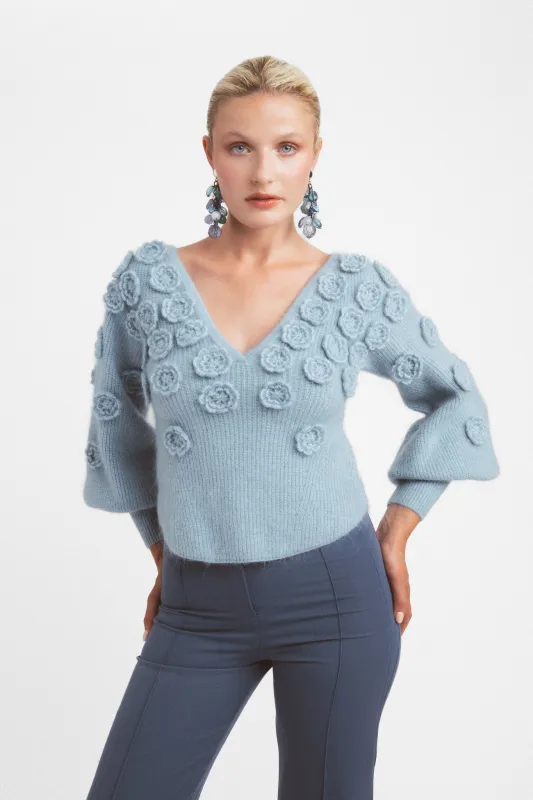 V-neck sweater in mohair and wool with flowers - white sold by Pheme Paris