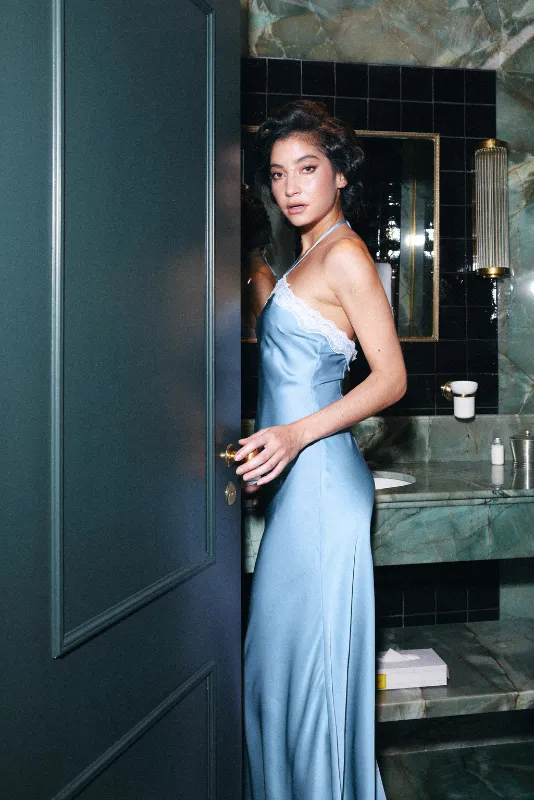 Halter-neck satin long dress - blue - pre order sold by Pheme Paris