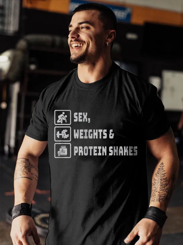Sex, Weight & Protein Shakes Printed Men's T-shirt sold by Polyalien